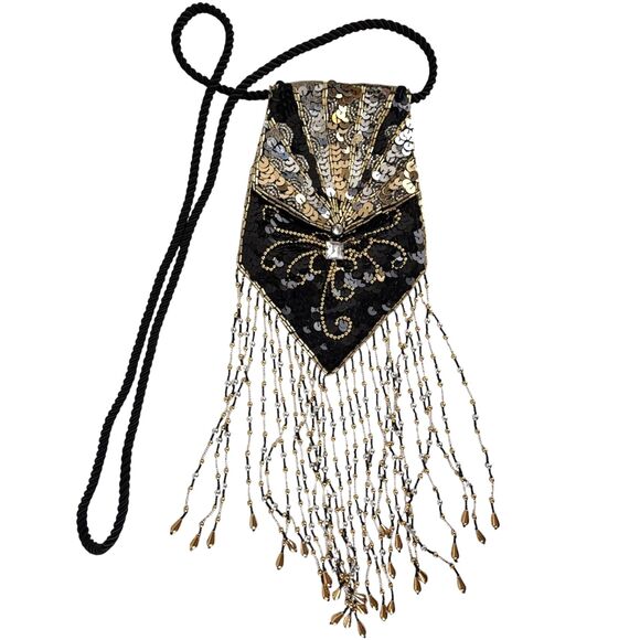 Sharmark Las Vegas Handbags - Vintage SHARMARK Las Vegas Evening Bag Sequin Beaded Fringe Pouch Crossbody Glam